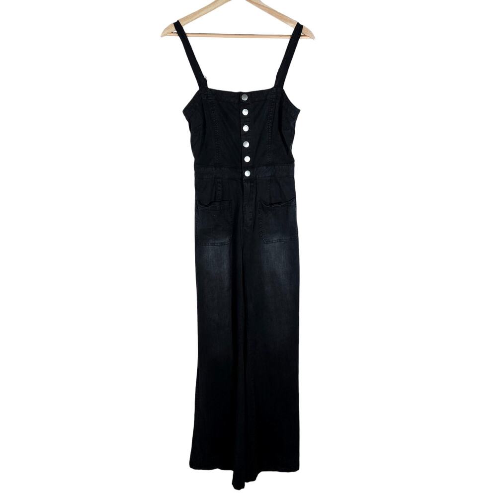 Chaser Jumpsuit Medium Washed Black Stretch Twill Square Neck Button Up Wide Leg